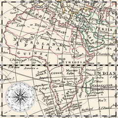An old historical vintage map of the Africa with the names of continents, islands and oceans, and the routes of navigators.