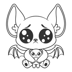 Bat feels sad with doll, for coloring
