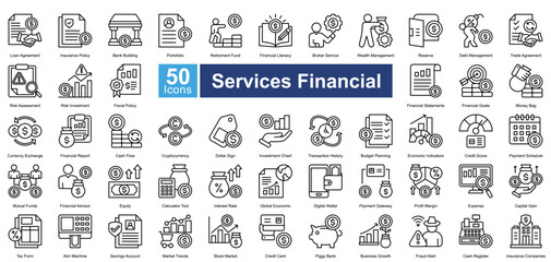 Services Financial icon set in line style, featuring 50 icons of banking, investment, insurance, and financial planning. Perfect for fintech, business reports, and economic analysis.