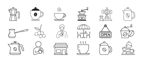 Simple and editable icons set designed for coffee, created with high quality line art.