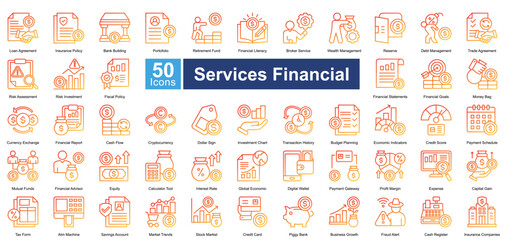 Services Financial icon set in line gradient style, featuring 50 icons of banking, investment, insurance, and financial planning. Perfect for fintech, business reports, and economic analysis.