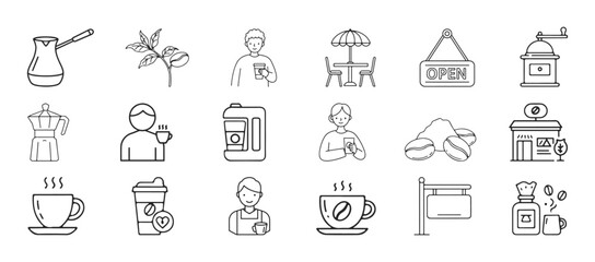 Coffee shop icon set, isolated editable vector icons that can be used on websites and apps.