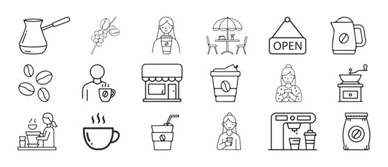 Minimalistically designed, editable coffee shop icons set. High quality line art icons are available.