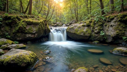 Fototapeta premium Tranquil Waterfall in Lush Forest