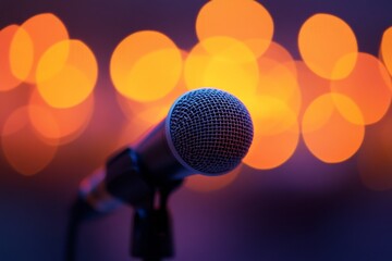 Obraz premium Microphone on Stage with Bokeh Lights