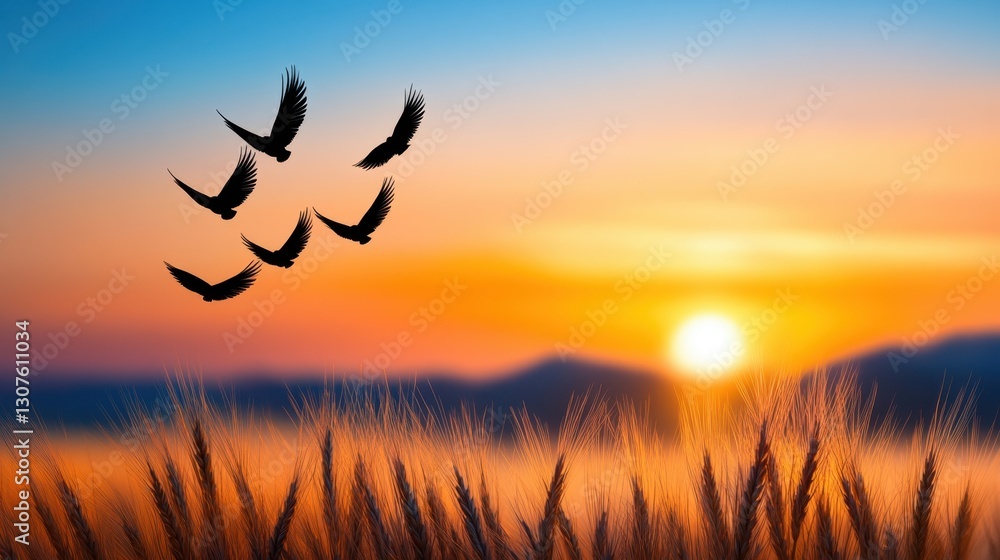 Poster sunlit wheat field with birds soaring in the distance, evoking freedom and tranquility with space fo