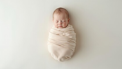 Newborn baby peacefully sleeping wrapped snugly in a soft blanket on a light background