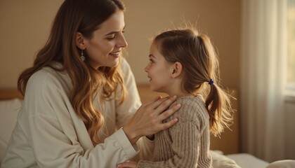 Mom and daughter sharing a tender moment at home with warm smiles