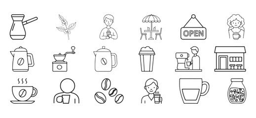 A usable coffee shop icon set designed with line art. Minimalistic and editable coffee icons are included.