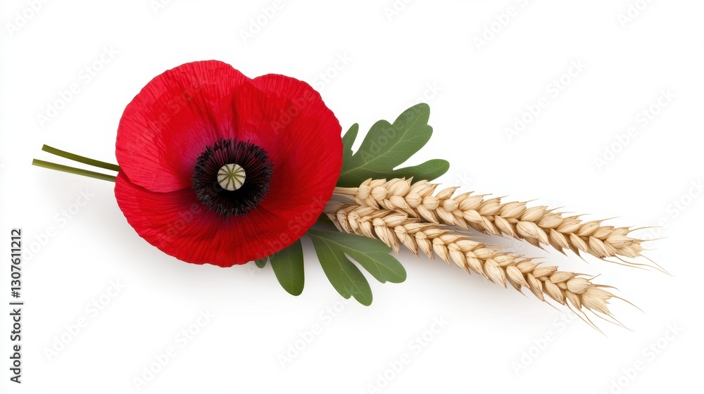 Poster a single red poppy blooming in a golden wheat field, adding contrast against the soft background