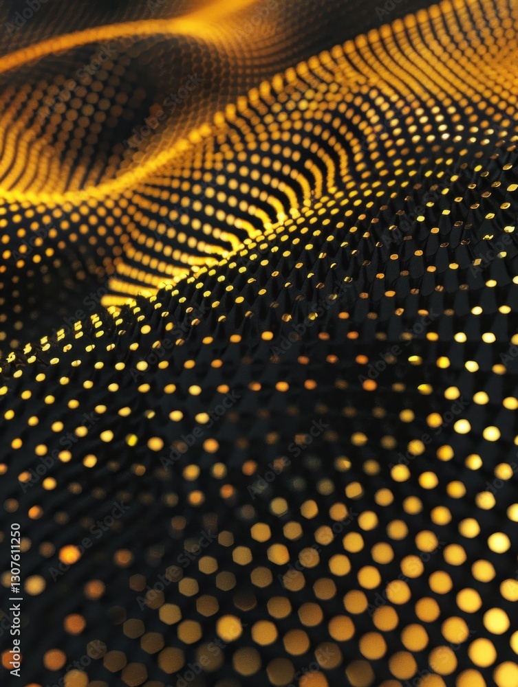 Poster a striking halftone pattern features golden dots on a black background, creating a luxurious and bol