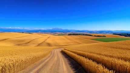 Fototapeta premium Aerial view of an expansive wheat field with geometric patterns from tractor tracks, creating a balanced space