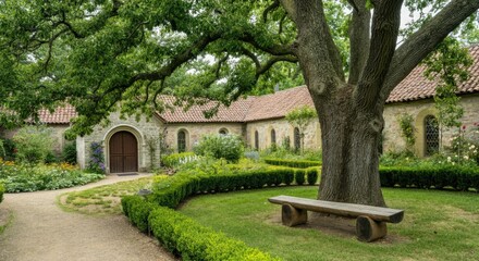 Serene garden with large tree, path, bench, and flowers