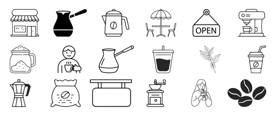 Coffee shop icon set includes isolated, editable vector icons that can be used for websites and apps.