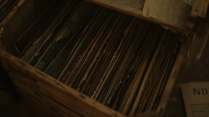 Vintage Wooden Bin with Stacked Old Records and Soft Lighting