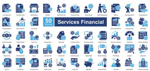 Services Financial icon set in two color style, featuring 50 icons of banking, investment, insurance, and financial planning. Perfect for fintech, business reports, and economic analysis.