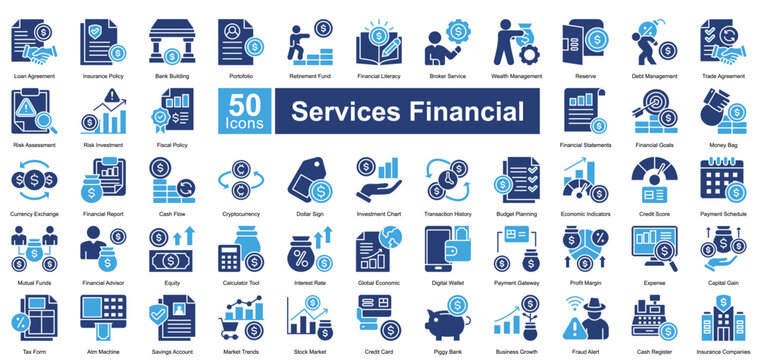 Services Financial icon set in two color style, featuring 50 icons of banking, investment, insurance, and financial planning. Perfect for fintech, business reports, and economic analysis.