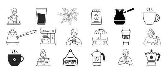 Minimalist outline icon set designed specifically for coffee shops. Coffee icons collection made with line art.