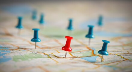Map with multiple push pins, highlighting locations and travel planning