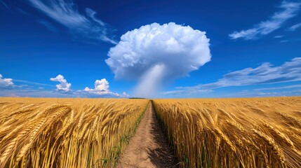 Golden wheat field with a narrow dirt path leading toward the horizon, under a bright summer sky with room for branding