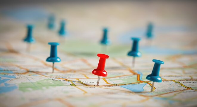 Map with multiple push pins, highlighting locations and travel planning