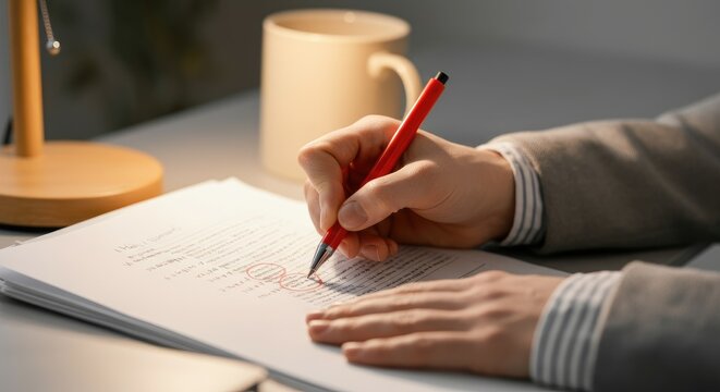 Person reviewing document with red pen at desk