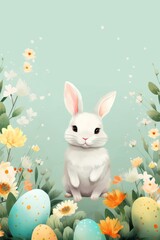 Cute White Rabbit with Easter Eggs and Flowers.