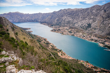 Panoramic view of Kotor town and Bay Boca from mountain view point in Montenegro in winter time