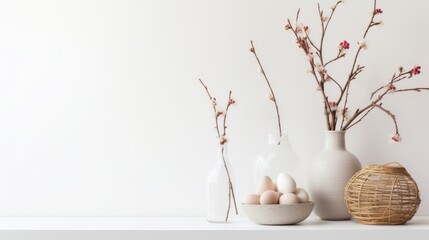 Minimalist still life with flowers and eggs.