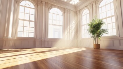 Obraz premium Sunlight streams into a spacious, elegant, light-filled room with large arched windows, showcasing a classic interior design.