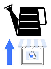 Watering can above storefront with shopping bag and upward arrow, symbolizing nurturing and growing small businesses. Ideal for entrepreneurship, e-commerce growth, investment, retail strategy