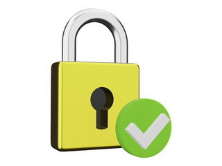 Secure your data This 3D illustration depicts a yellow padlock with a green checkmark, symbolizing safety, security, and data protection.