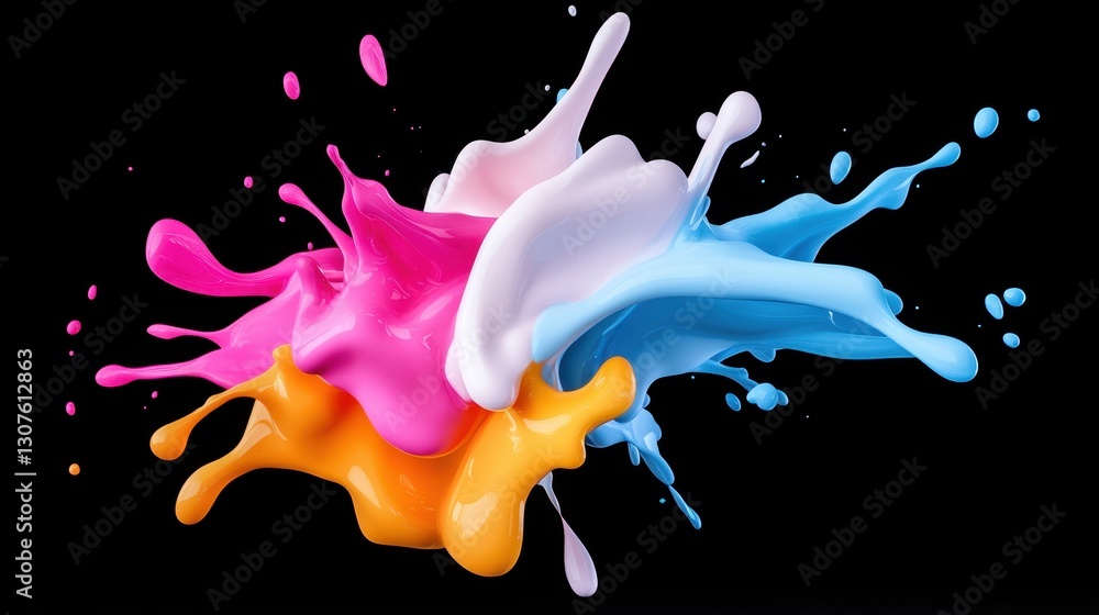 Poster inkblot-style explosion with deep contrasting colors spreading organically in midair.