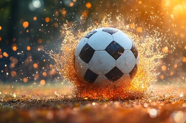 Naklejka premium Dynamic Soccer Ball Splashing Water in a Sunlit Outdoor Setting