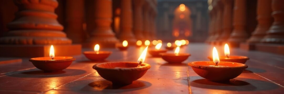 Candles and diyas lit on the floor of a temple, temple, spirituality, diwali