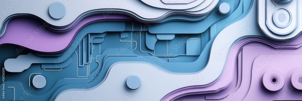 Poster futuristic paper art design with layered circuits in cool tones of blue, purple, and gray generative