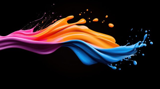 Abstract paint splatter frozen in motion, showcasing bold primary colors against a deep, moody background.