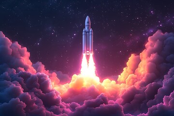 Majestic Rocket Launch Through Vibrant Pink & Orange Cloudscape at Night