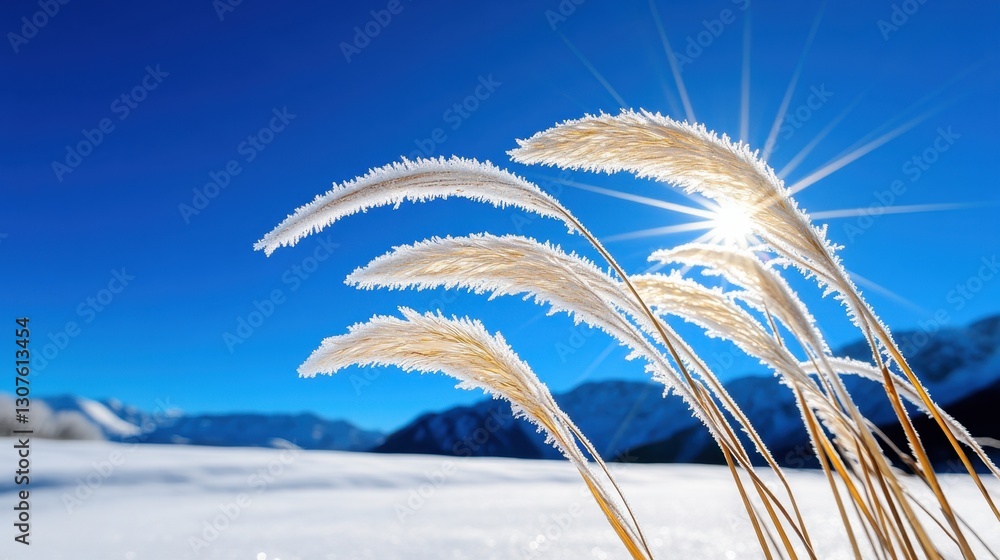 Poster a field of tall grass with snow on it and a bright sun shining on it. the sun is shining on the gras