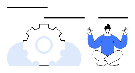 Large gear symbolizing productivity, seated person meditating in yoga pose for mindfulness. Ideal for mindfulness, work-life balance, efficiency, stress management, focus, productivity calm. Flat