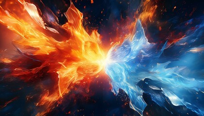 dynamic fire and ice collision with spark effects representing opposing forces in a 3d abstract concept energetic vibrant and symbolic of duality balance and power