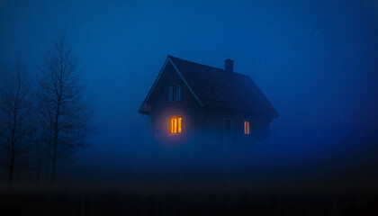 Lonely house with warm glowing window in a foggy blue night