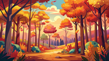 A lively autumn forest is portrayed with trees decorated in vibrant foliage, forming a harmonious blend of warm colors contrasting with cool forest setting 
