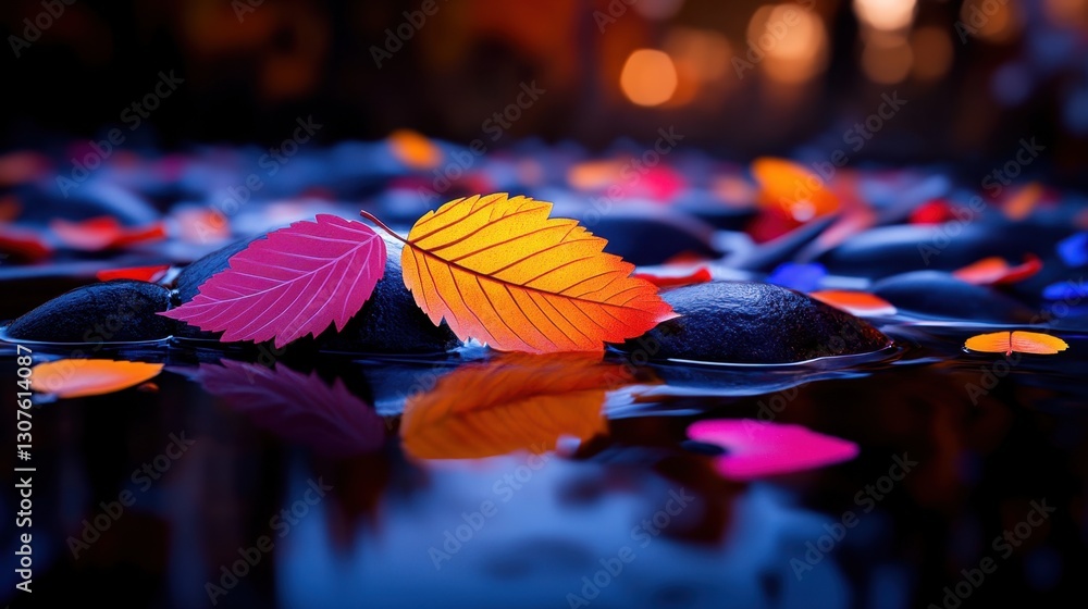 Poster detailed close-up of a streams surface reflecting the colors of autumn leaves, with floating petals 