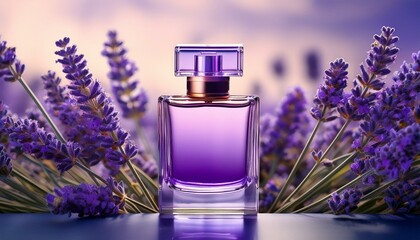a minimalist purple perfume bottle surrounded by lavender flowers evoking a sense of calm and elegance
