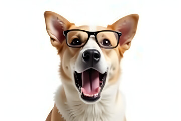 Smiling Dog in Glasses on White Background