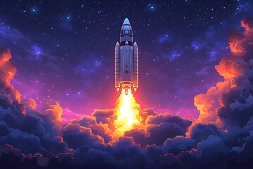 Naklejka premium Rocket Launching Through Colorful Clouds and Stars Space Exploration Illustration