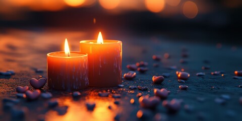 Warm candlelight flickers beside heart-shaped decorations, creating a romantic ambiance for a special evening gathering