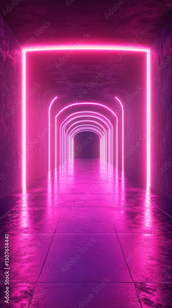 Poster illuminated tunnel with vibrant pink neon lights creating a surreal atmosphere in an artistic space