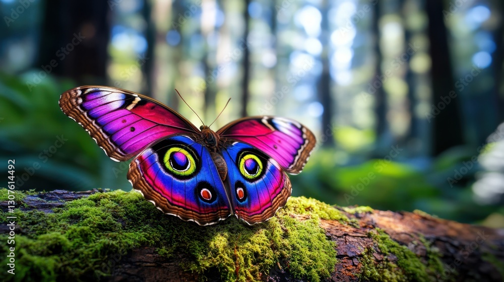 Poster detailed close-up of a butterfly resting on a mossy tree trunk, with filtered sunlight highlighting 